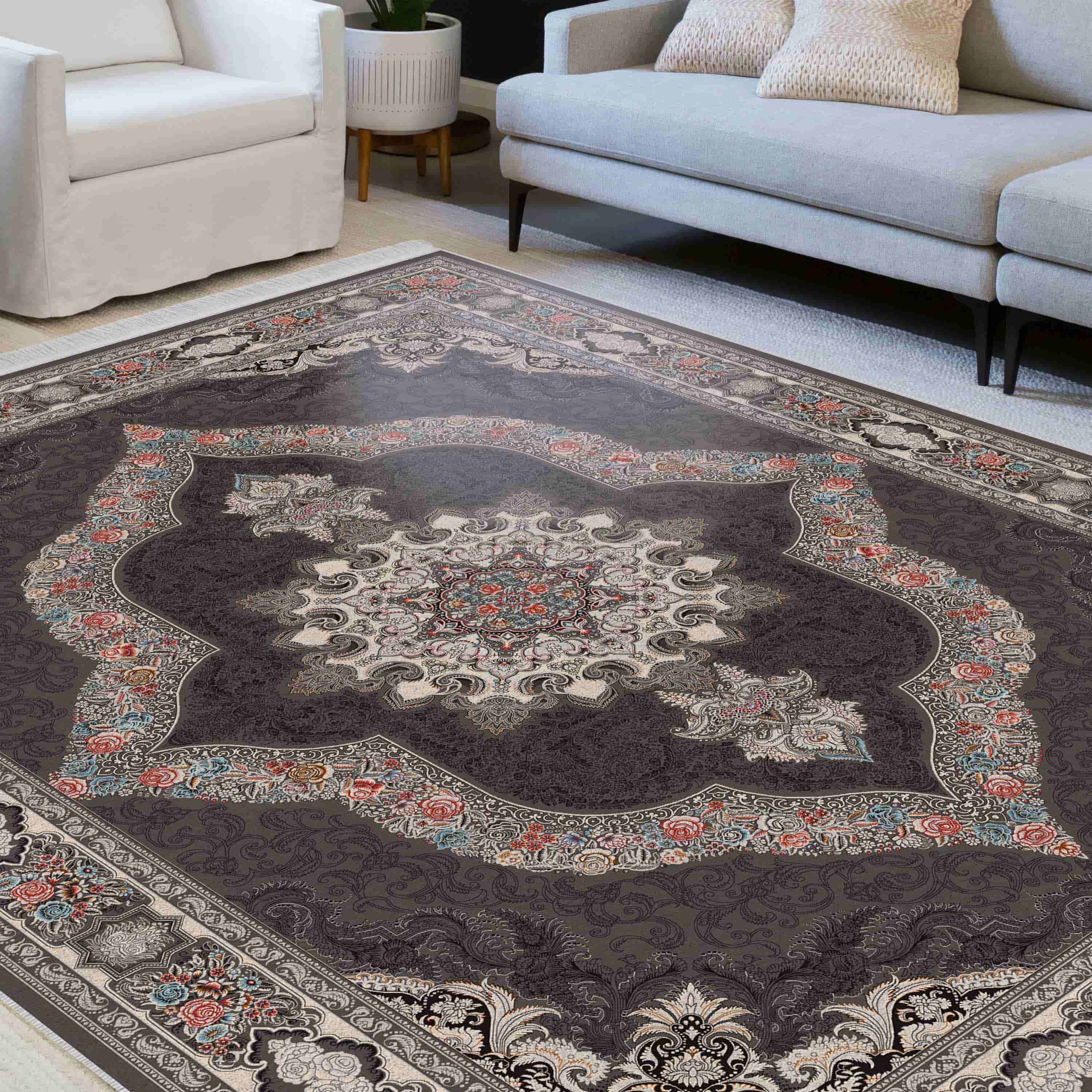 فرش ماشینی مه ترنج طرح کارینا زمینه فیلی