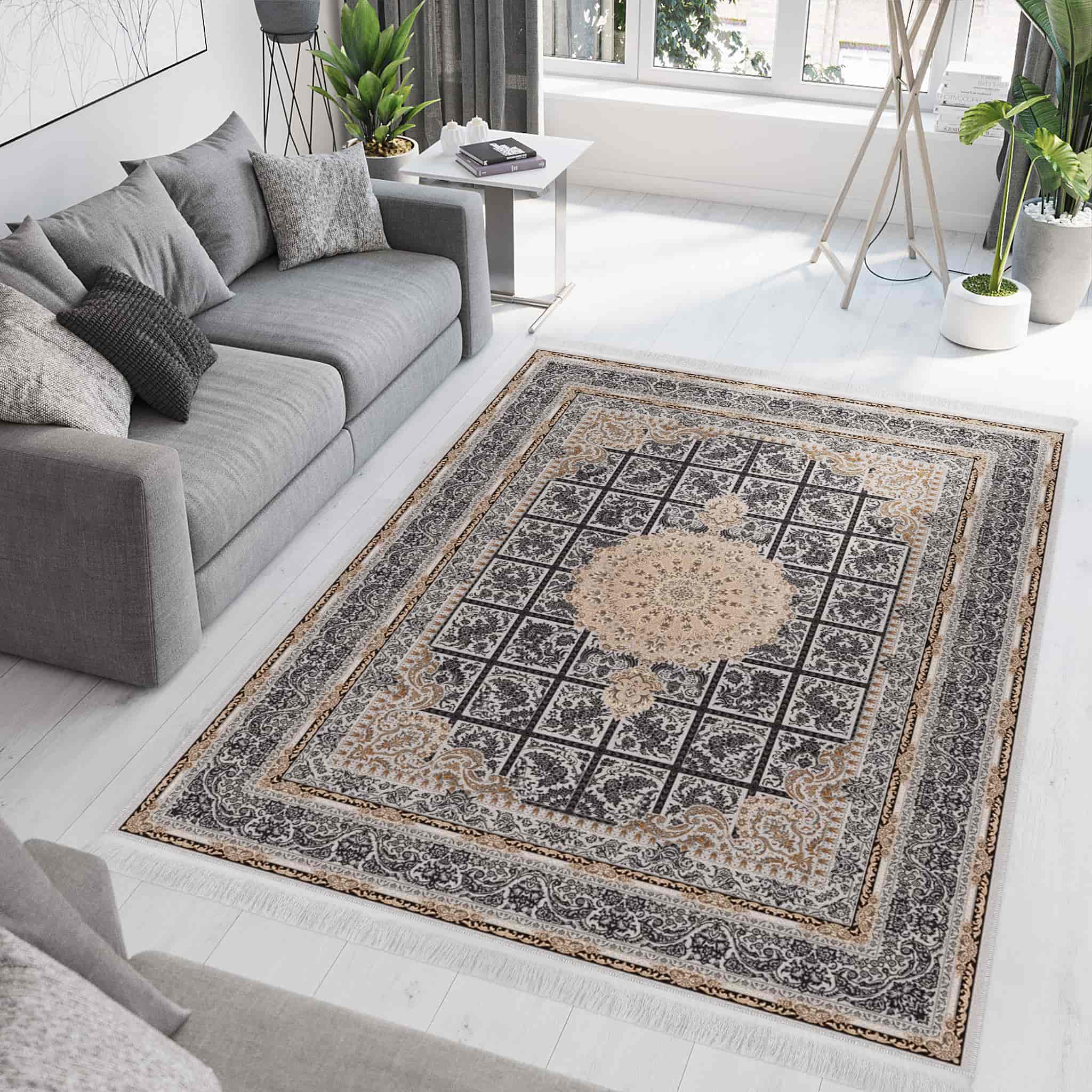 فرش ماشینی مه ترنج طرح رایان زمینه نقره ای فرش ماشینی مه ترنج طرح رایان زمینه نقره ای