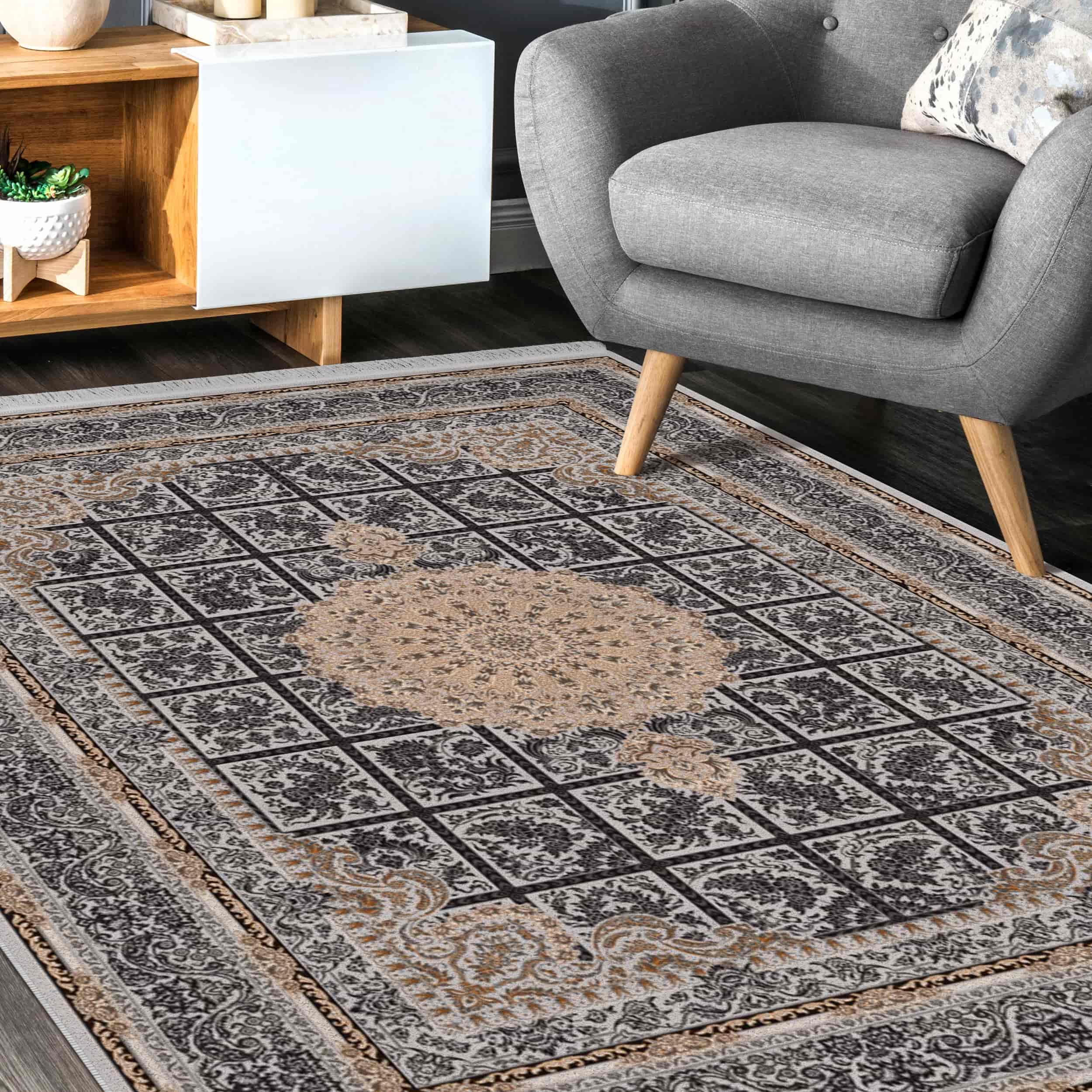 فرش ماشینی مه ترنج طرح رایان زمینه نقره ای فرش ماشینی مه ترنج طرح رایان زمینه نقره ای