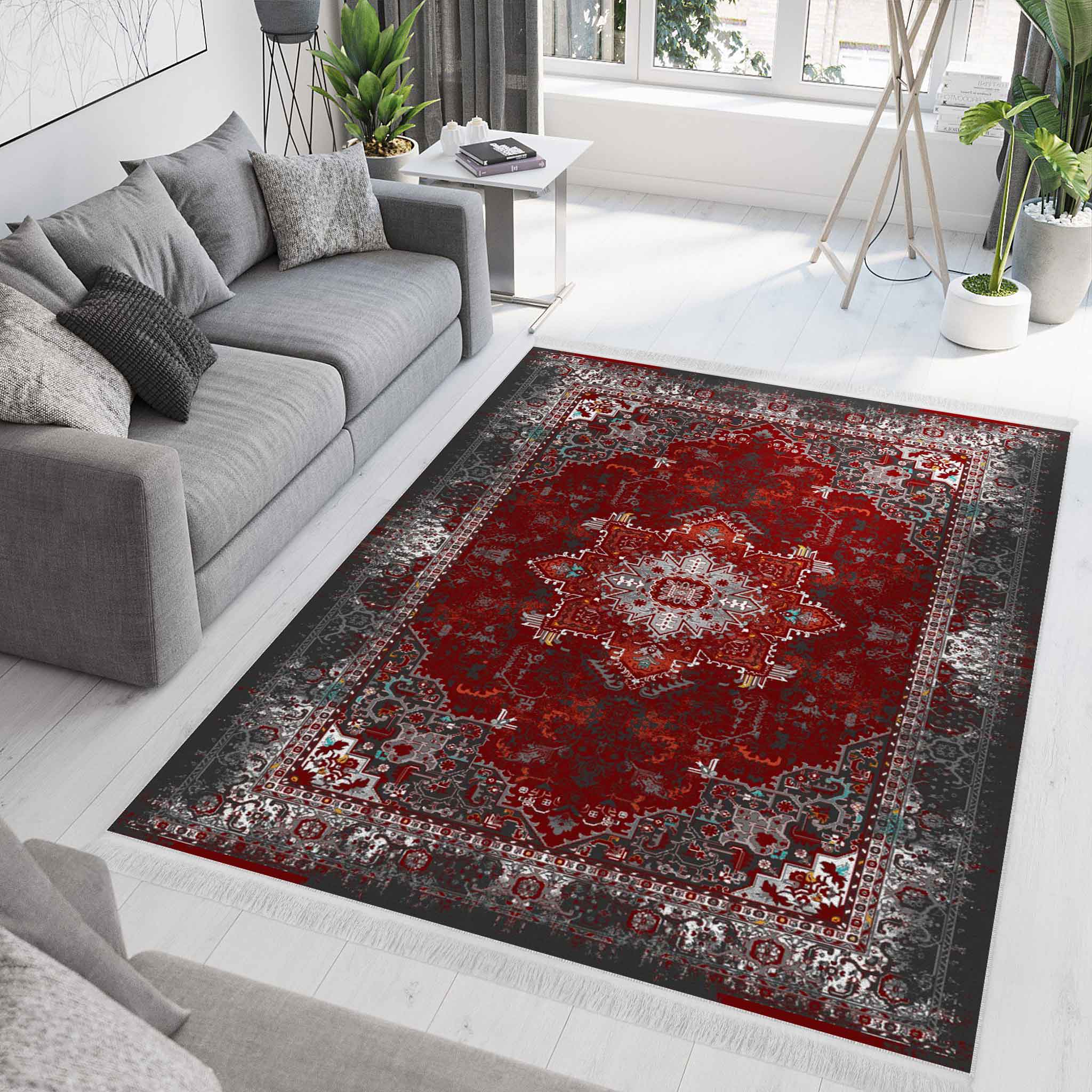 فرش ماشینی مه ترنج طرح هریس زمینه لاکی