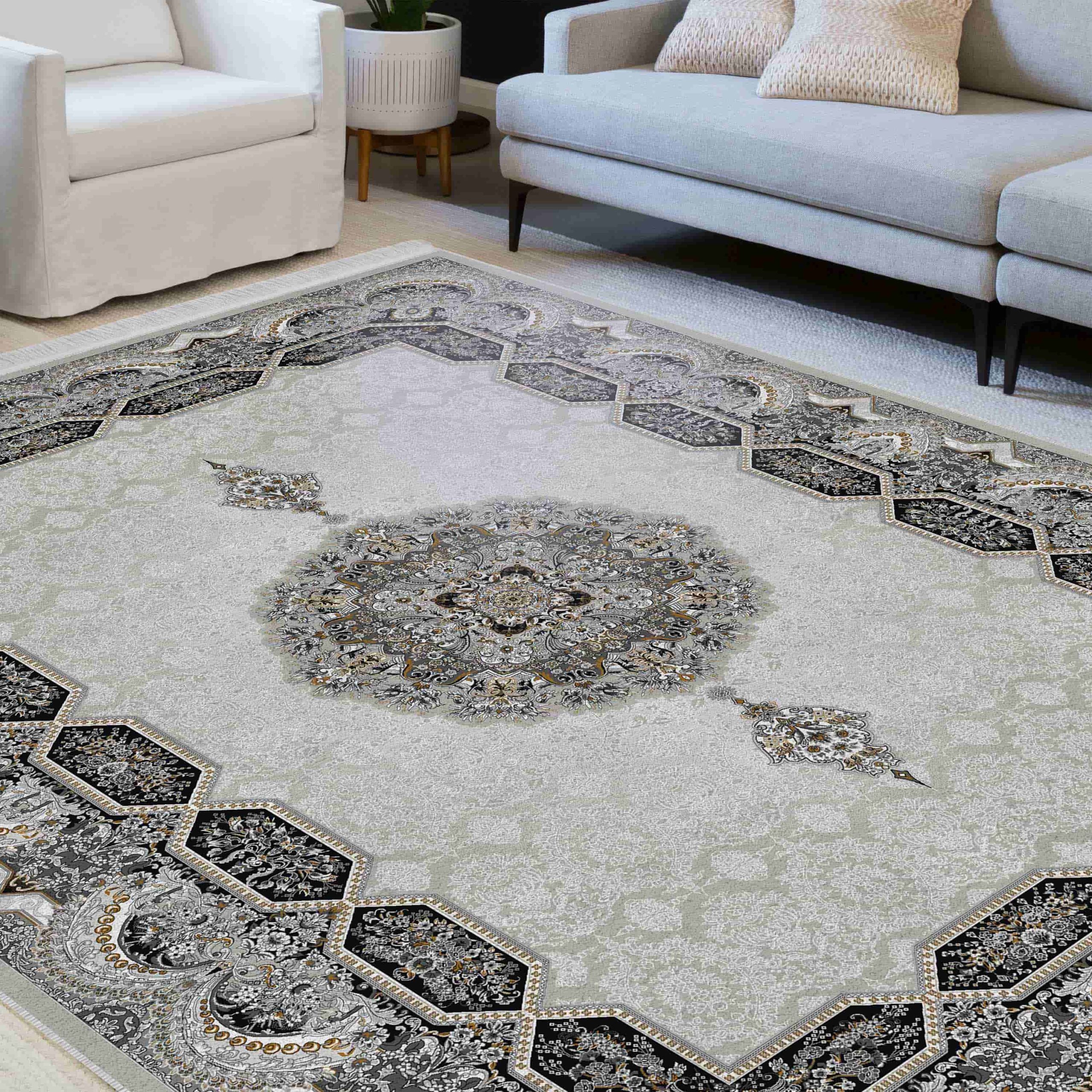 فرش ماشینی مه ترنج طرح کویر زمینه نقره ای