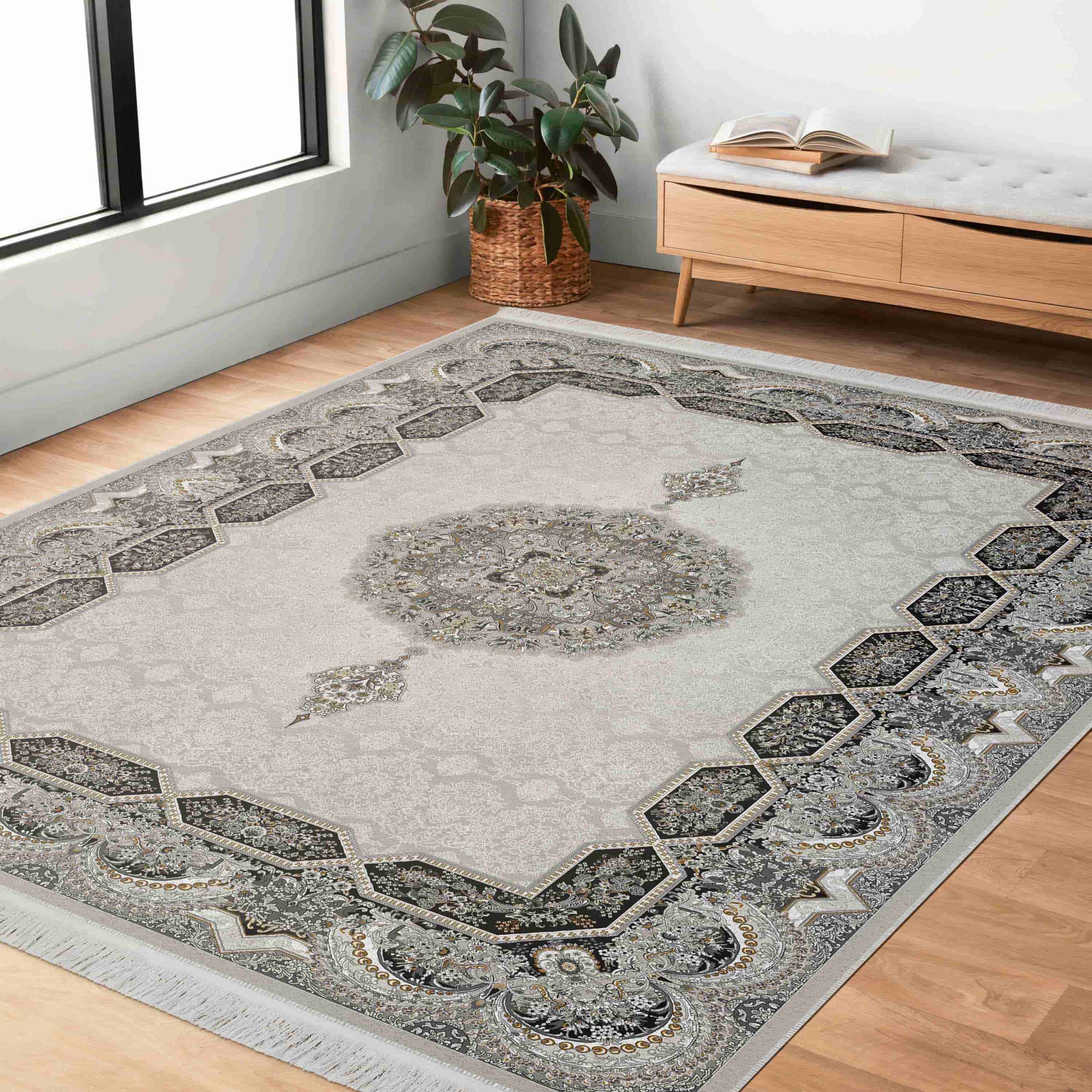 فرش ماشینی مه ترنج طرح کویر زمینه نقره ای