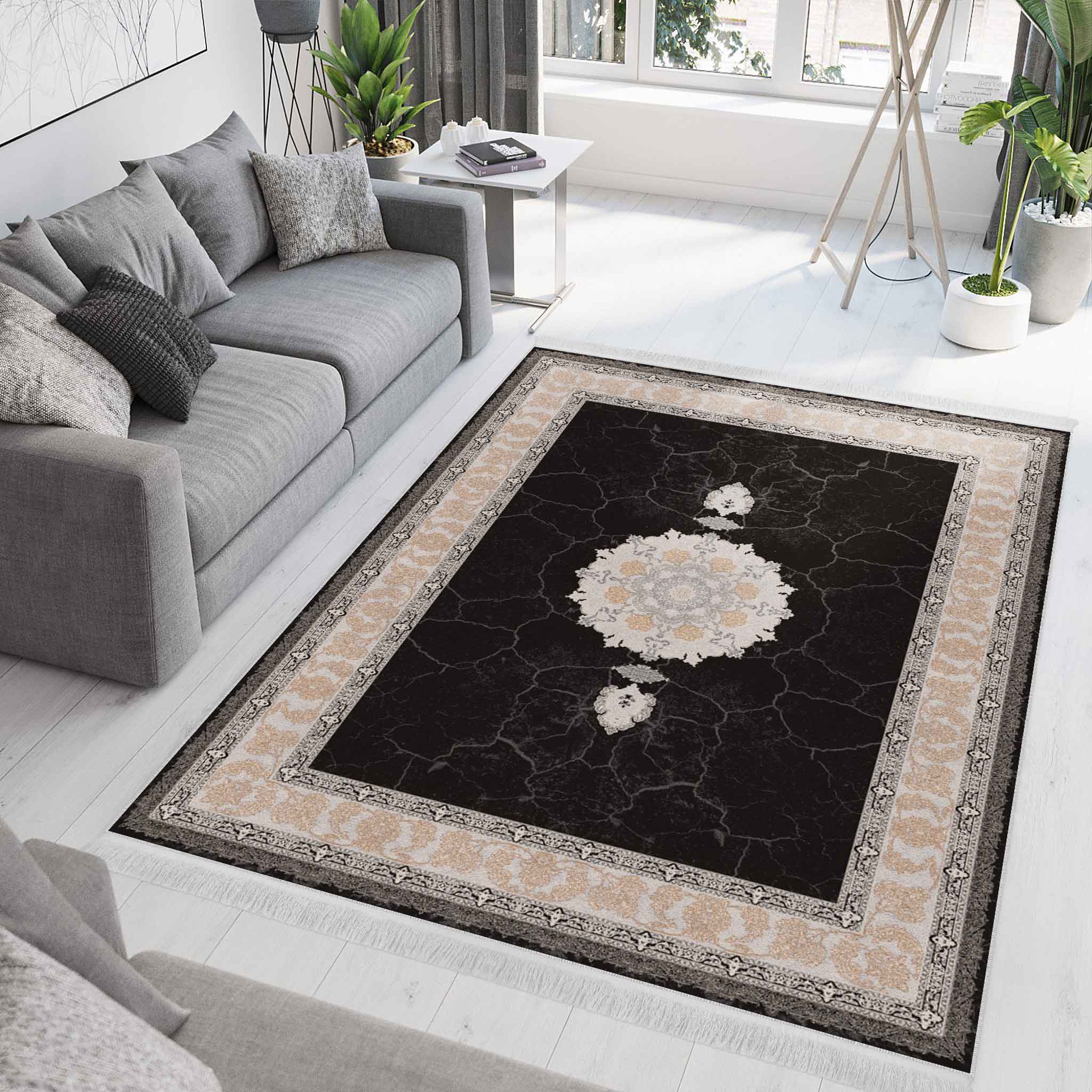 فرش ماشینی مه ترنج طرح کویر زمینه ذغالی