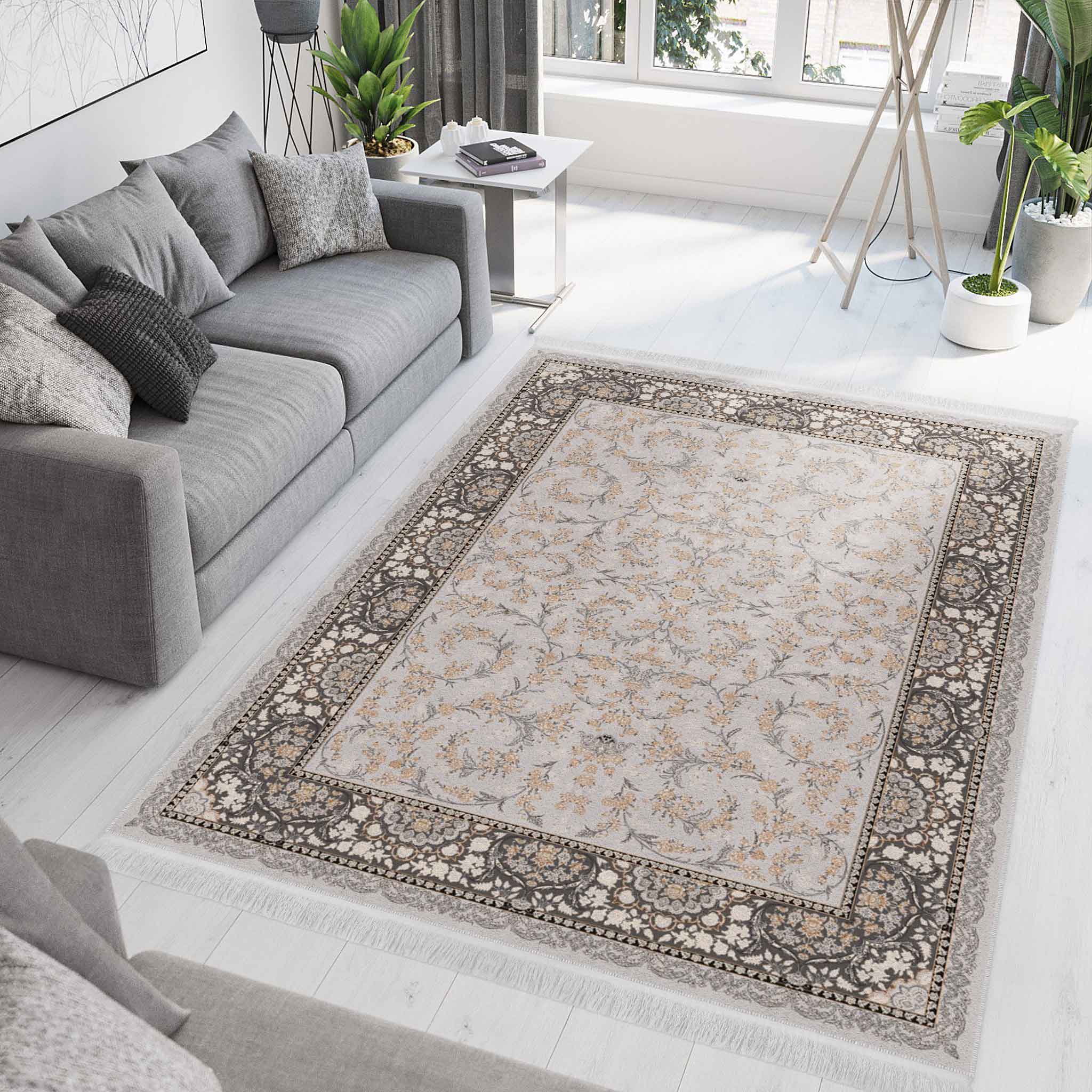 فرش ماشینی مه ترنج طرح مه گل زمینه نقره ای