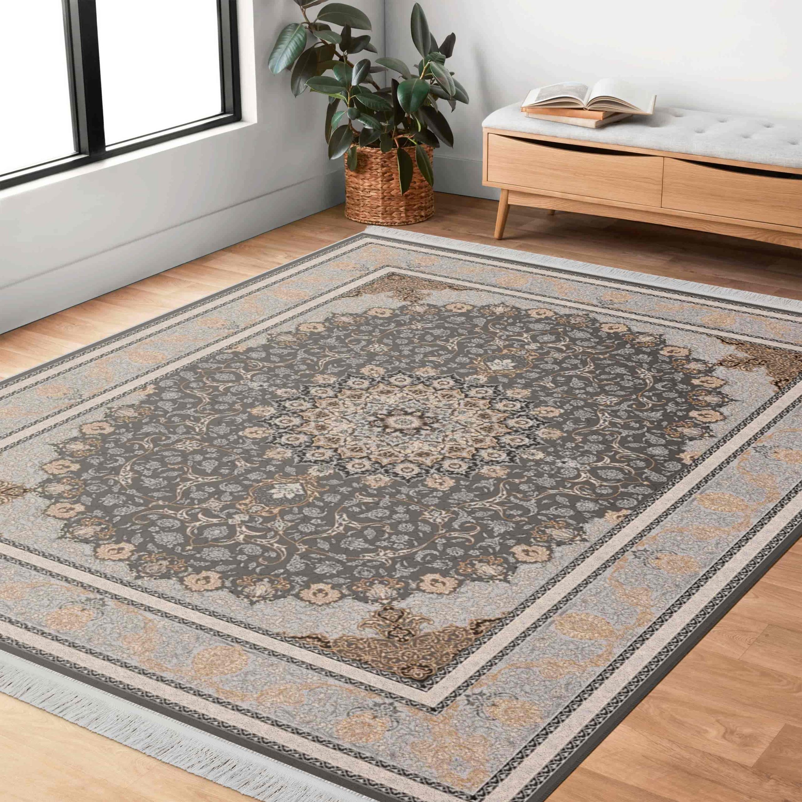 فرش ماشینی مه ترنج طرح مایسا زمینه فیلی