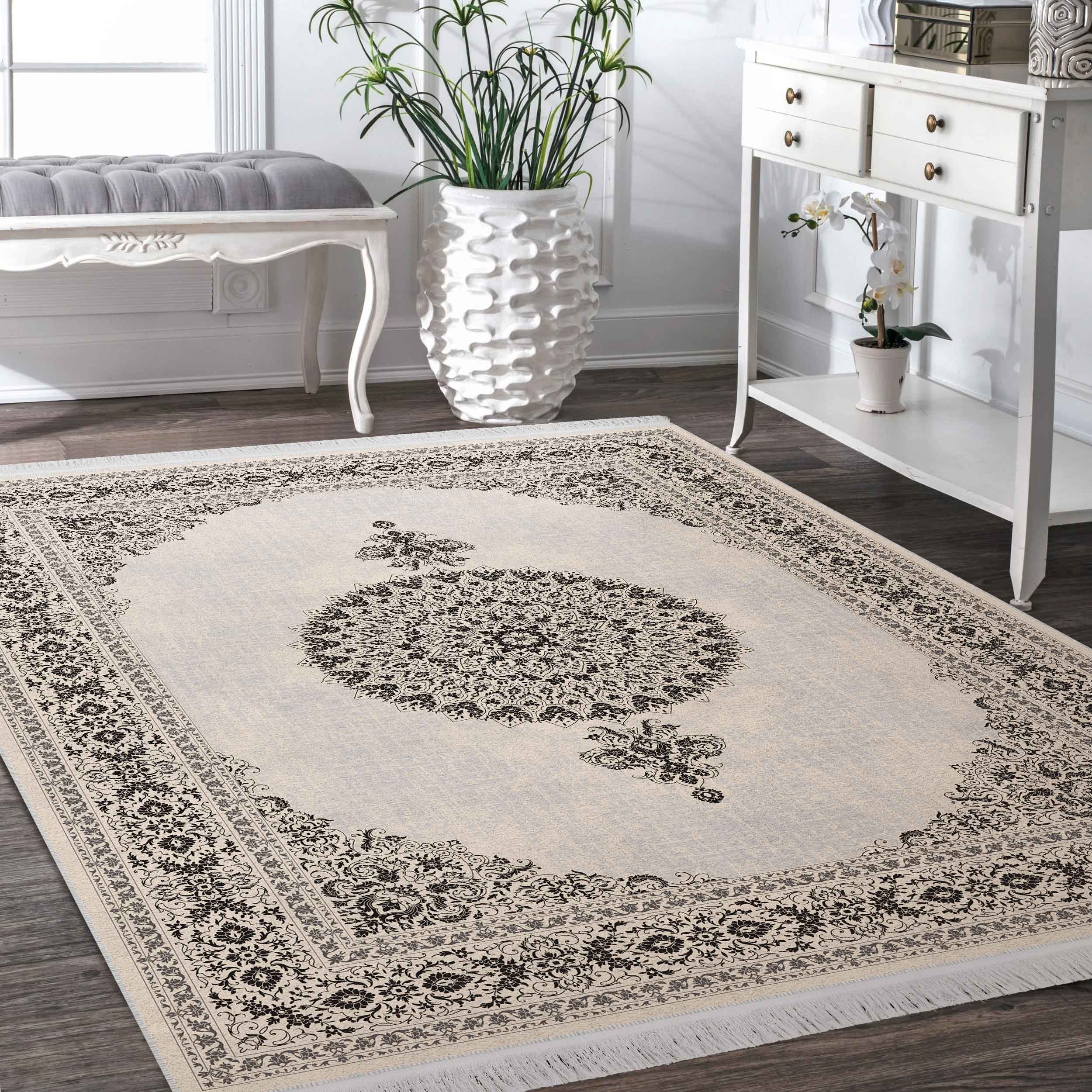 فرش ماشینی مه ترنج طرح رونا زمینه کرم