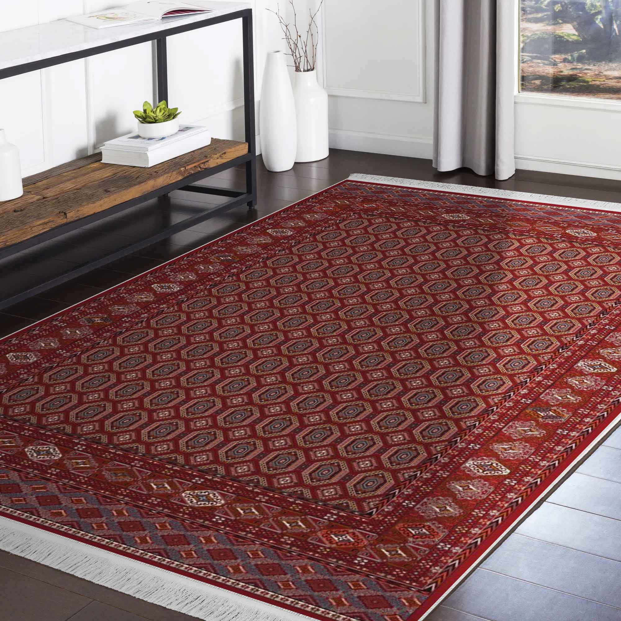 فرش ماشینی مه ترنج طرح ترکمن زمینه لاکی