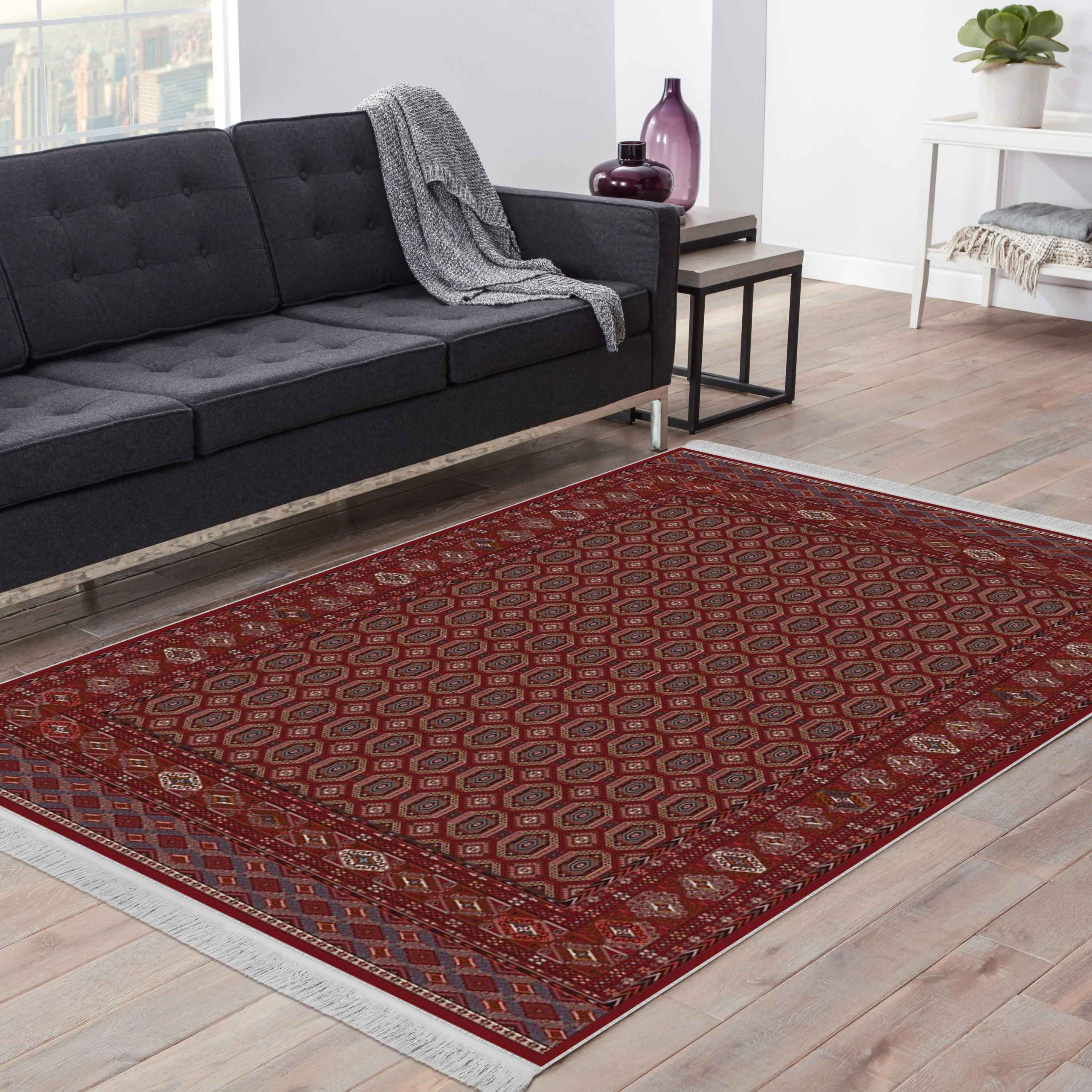 فرش ماشینی مه ترنج طرح ترکمن زمینه لاکی