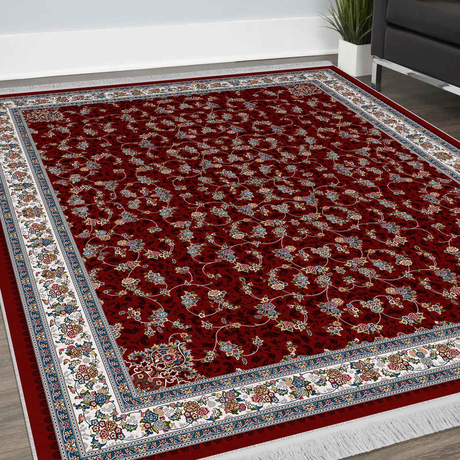 فرش ماشینی مه ترنج طرح گیلدا زمینه لاکی 1000 شانه فرش ماشینی مه ترنج طرح گیلدا زمینه لاکی 1000 شانه