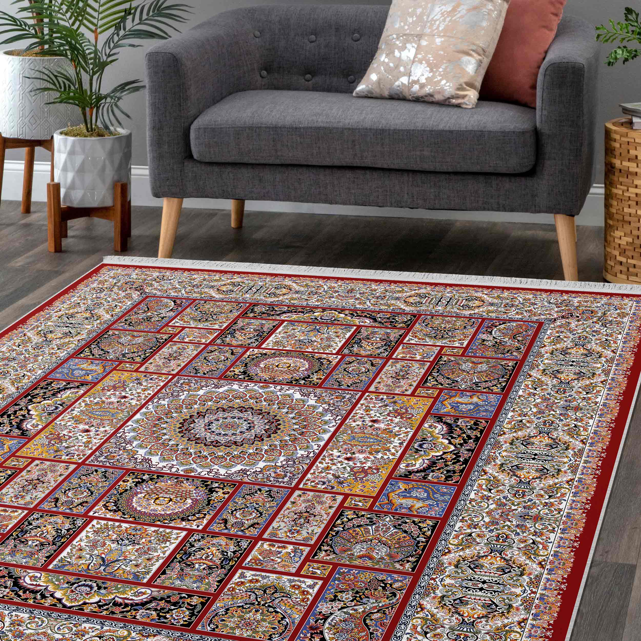 فرش ماشینی مه ترنج طرح شمس زمینه لاکی 1000 شانه فرش ماشینی مه ترنج طرح شمس زمینه لاکی 1000 شانه