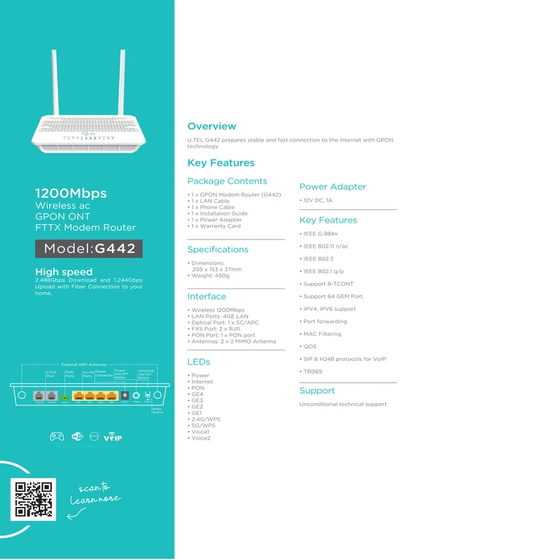 مودم فیبر نوری یوتل مدل G442