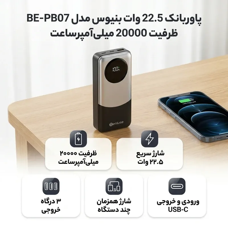 پاوربانک 22.5 وات بنیوس مدل BE PB07 ظرفیت 20000 میلی‌آمپرساعت