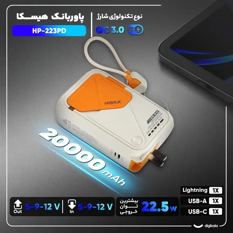 پاوربانک بی‌سیم 22.5 وات هیسکا مدل HP 223PD ظرفیت 20000 میلی آمپر ساعت