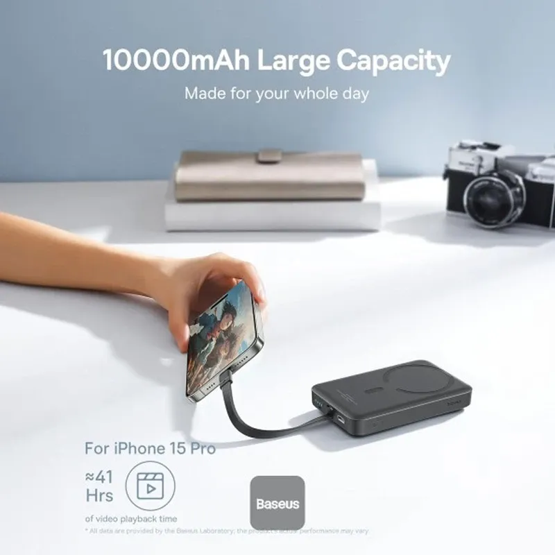 پاوربانک بی‌سیم 30 وات باسئوس مدل Magnetic Mini ظرفیت 10000 میلی آمپر ساعت