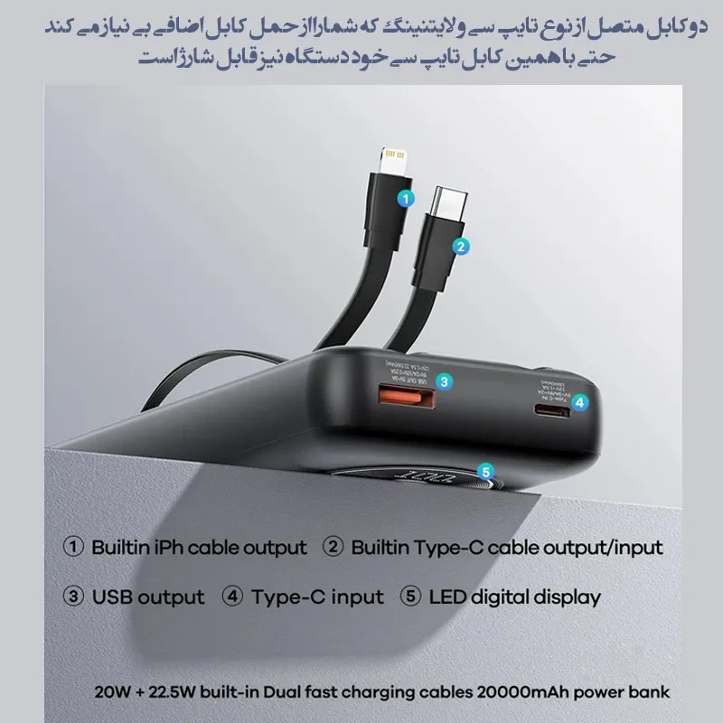 پاوربانک ریمکس مدل Fast Charge 2way ظرفیت 20000 میلی آمپر ساعت به همراه کابل USB-C و لایتنینگ